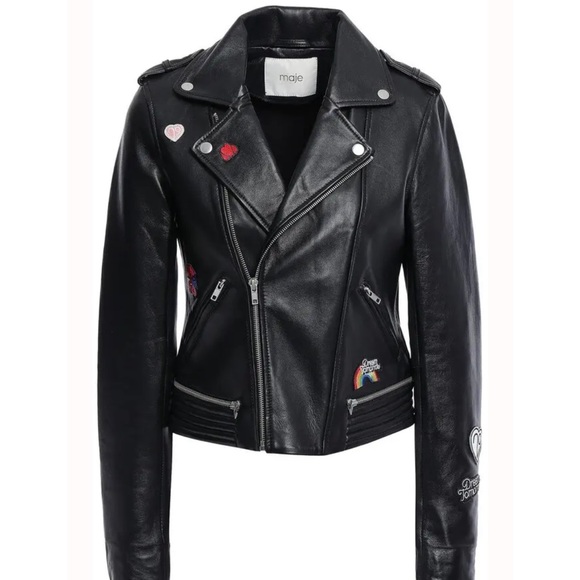 • Maje • Beliz Appliquéd Patches Leather Biker Jacket Black Asymmetrical Zip 36 - Picture 2 of 7